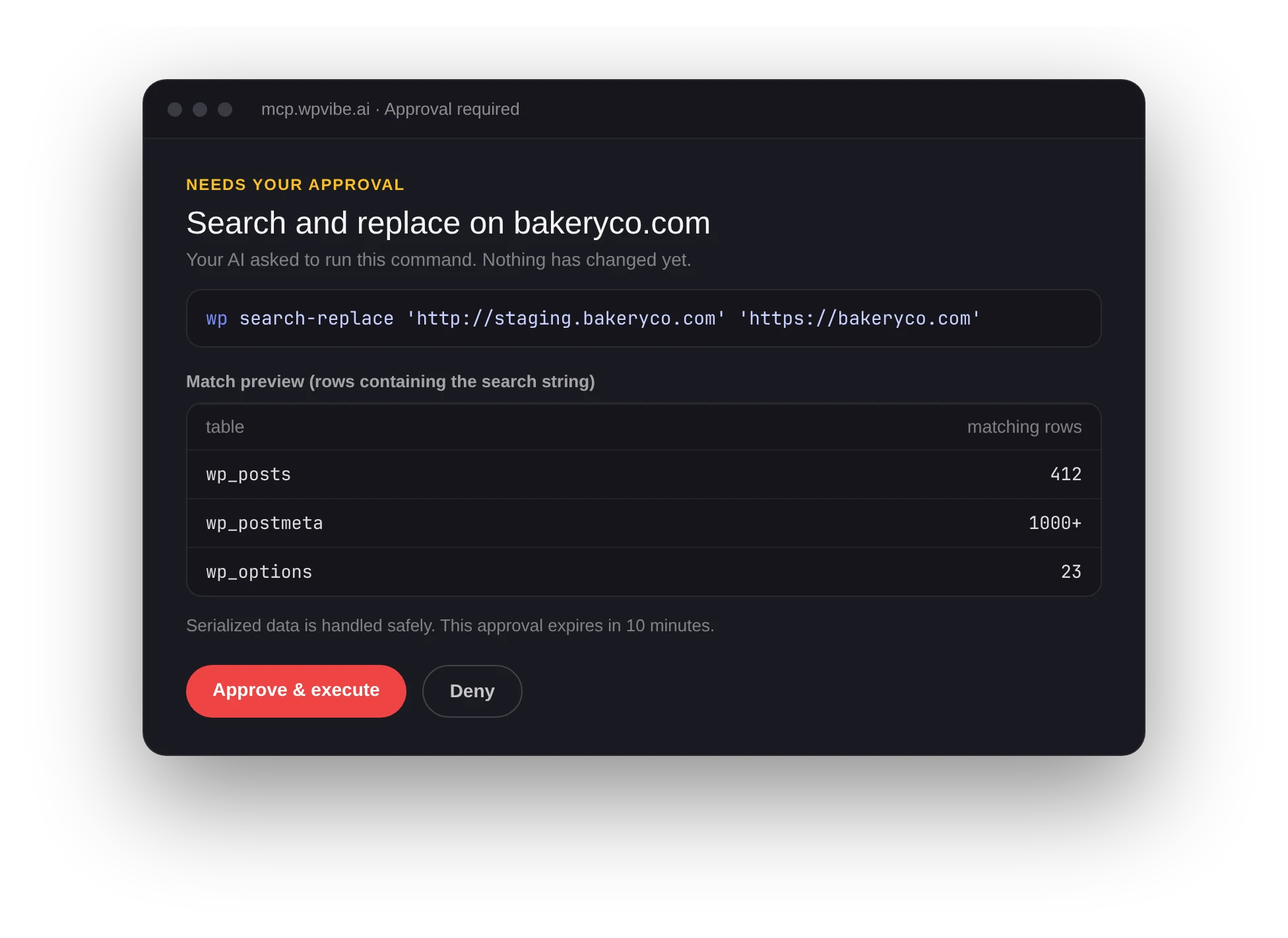 A WPVibe approval page for a search-replace command, showing a dry-run preview of matching rows per table and Approve or Deny buttons