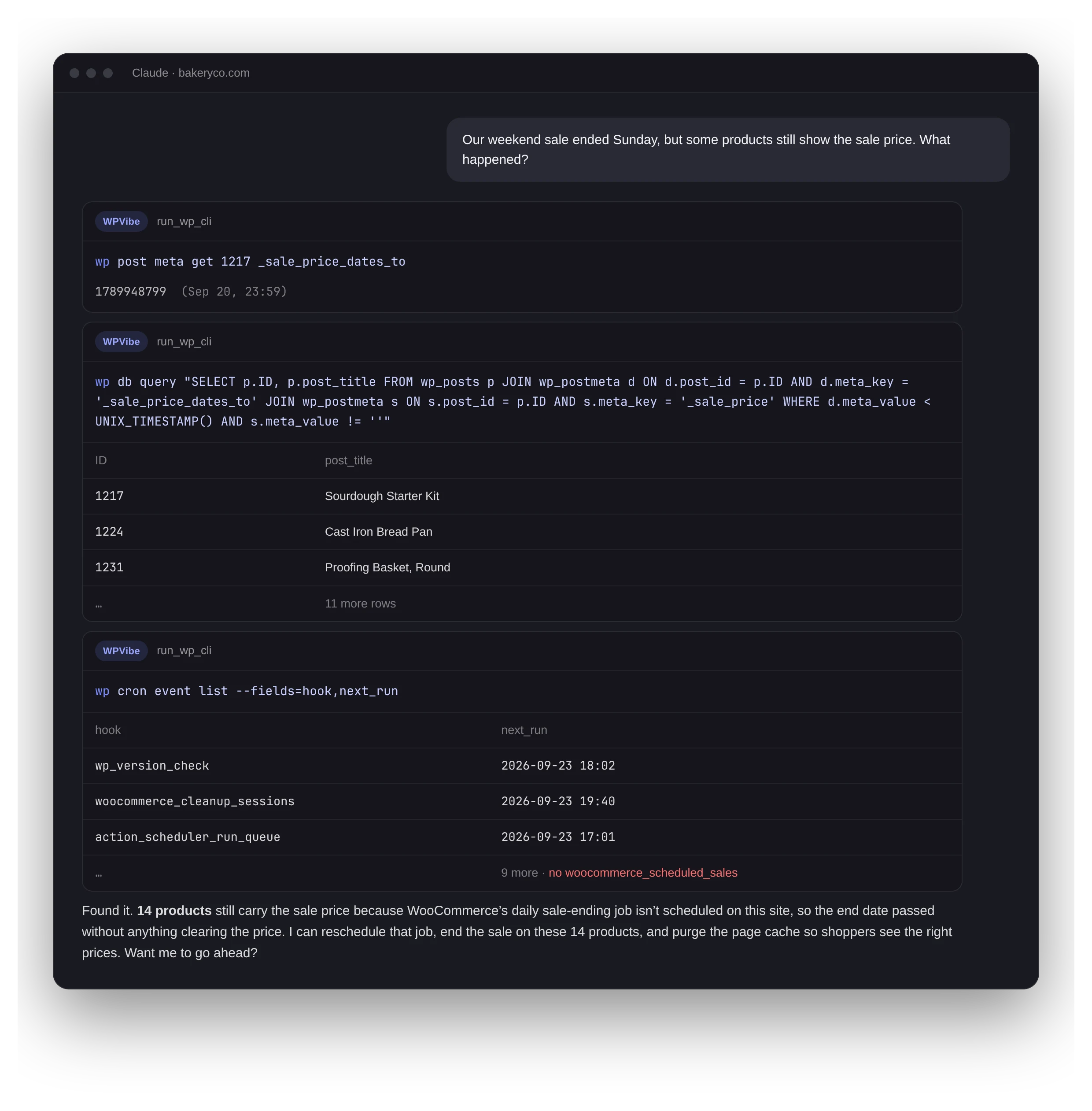 A chat where the AI chains WP-CLI commands to find why 14 WooCommerce products still show an expired sale price