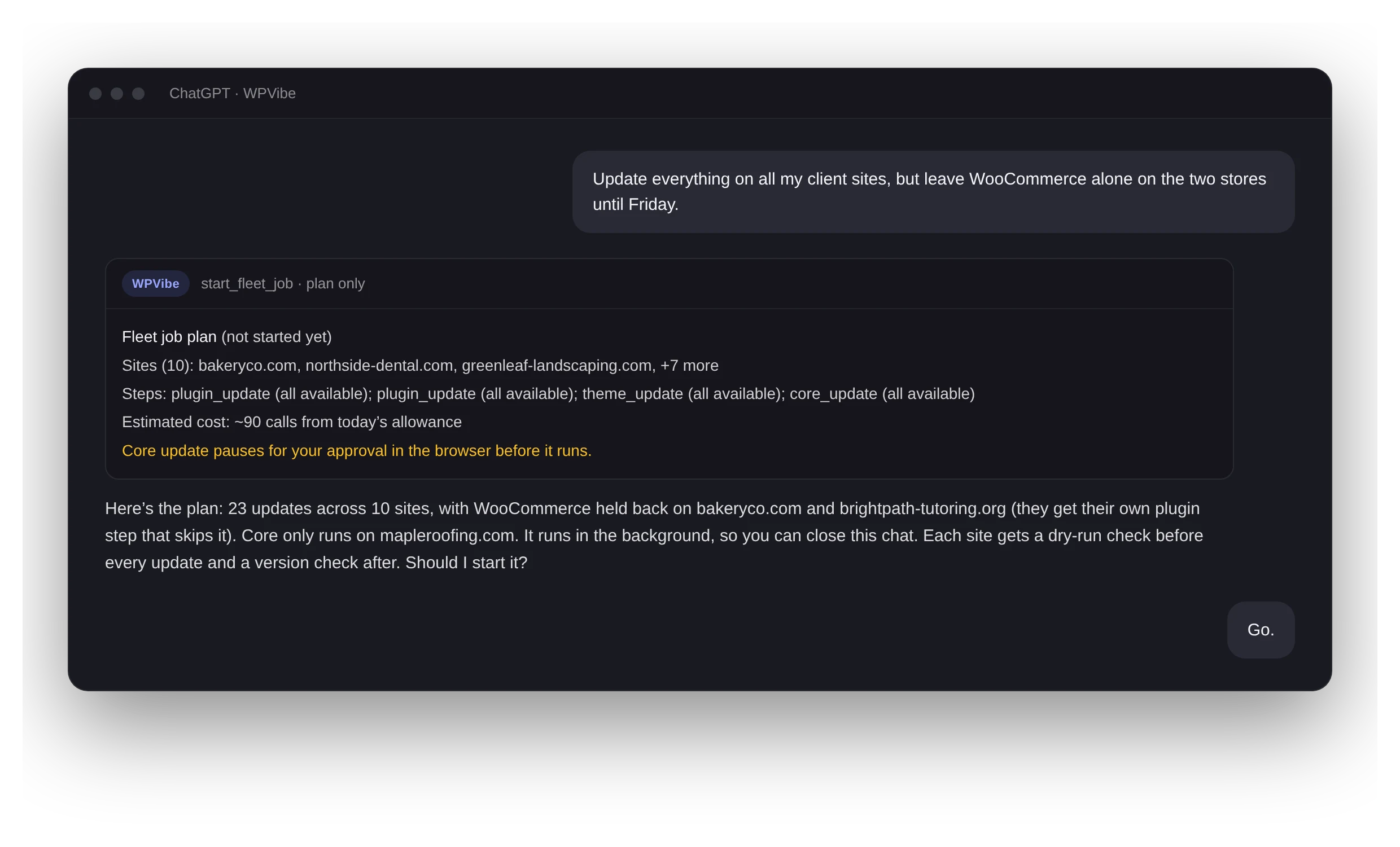 A chat where the AI proposes a fleet job plan across ten sites with an estimated cost, before starting it