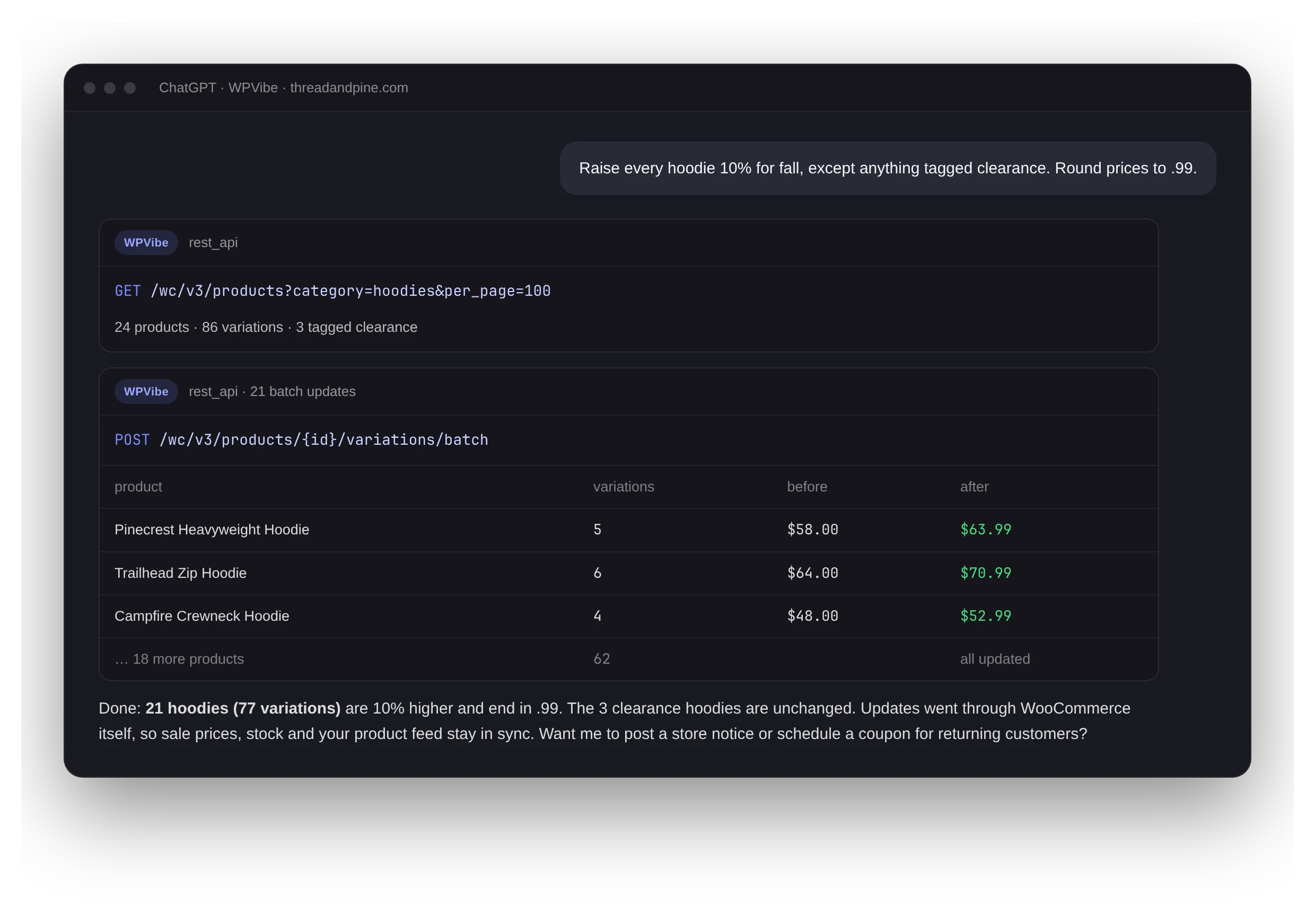 ChatGPT raising prices on 21 WooCommerce hoodies and 77 variations by 10 percent through WPVibe, skipping clearance items