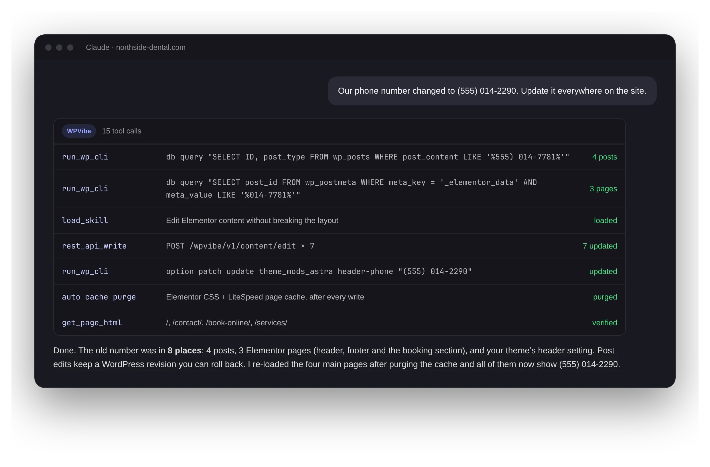 Claude using WPVibe tools to find and replace a phone number across posts, Elementor pages, and theme settings, then verifying the live pages