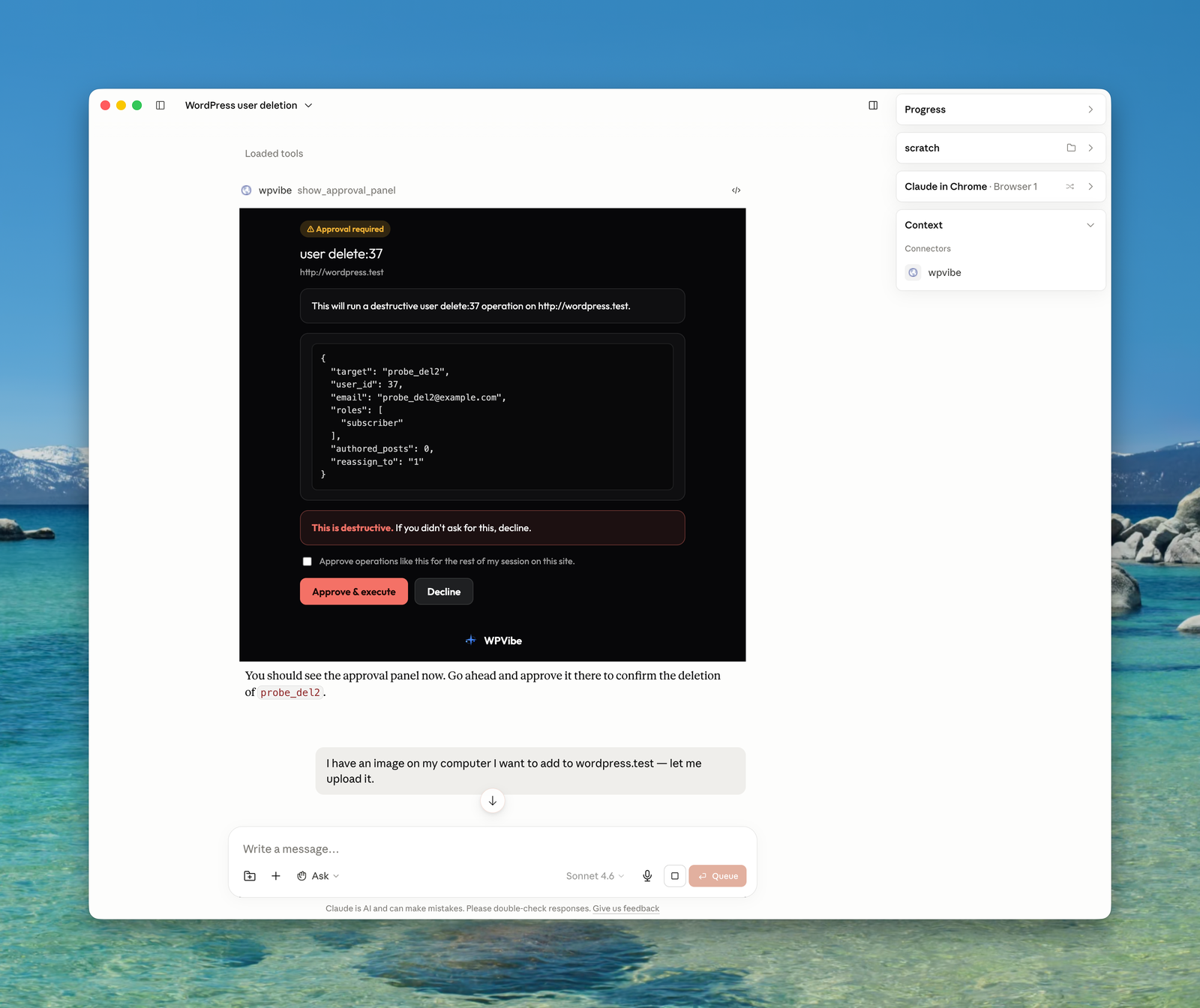 WPVibe approval panel rendered in Claude showing a destructive user delete with the full payload and Approve and Decline buttons