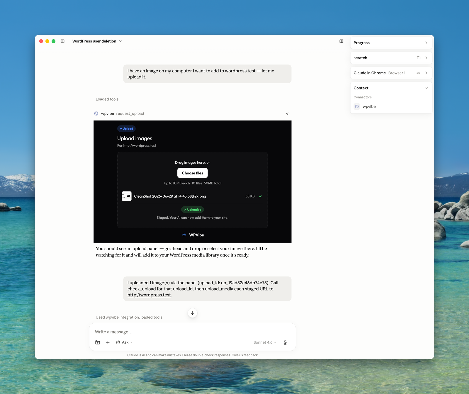 WPVibe upload panel rendered in Claude with a local screenshot dragged in and marked Uploaded