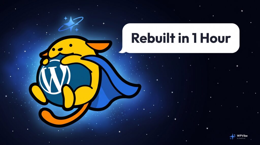 Wapuu with a blue superhero cape holding the WordPress logo, illustrating rebuilding a WordPress site with AI in under an hour