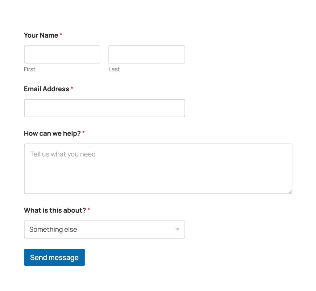 AI-built WPForms contact form on the front end with name, email, message, and a subject dropdown field