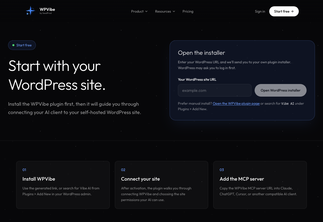 The WPVibe start page where you enter your WordPress site URL to install the plugin and connect your AI client.