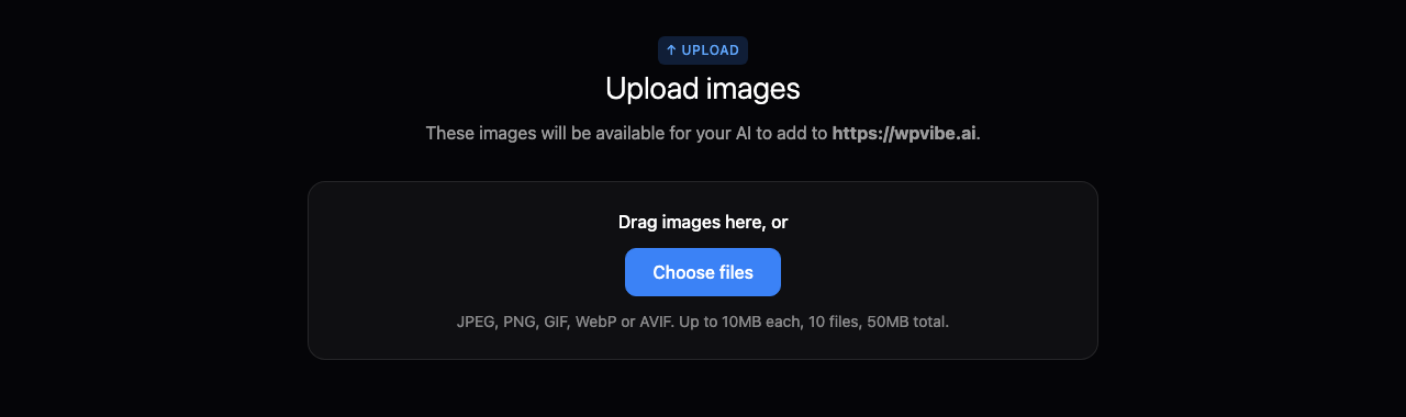 The WPVibe upload page where you drag in or choose images from your device to add to your WordPress media library.