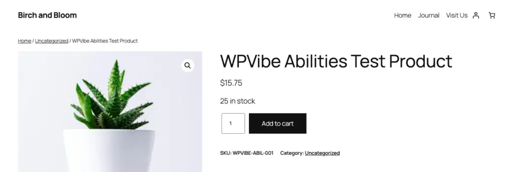 WooCommerce product page showing the AI-created product priced at $15.75 with 25 in stock and an Add to cart button