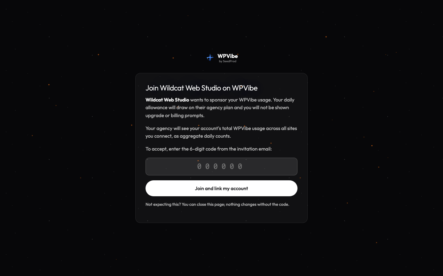 The invitation accept page a client sees: the agency's name in the heading, the agency's accent color, the usage disclosure, and the 6-digit code field