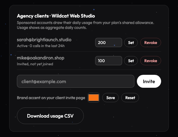 The Agency clients card on the WPVibe account page, showing sponsored members with per-client allowances, the invite form, and the brand accent picker