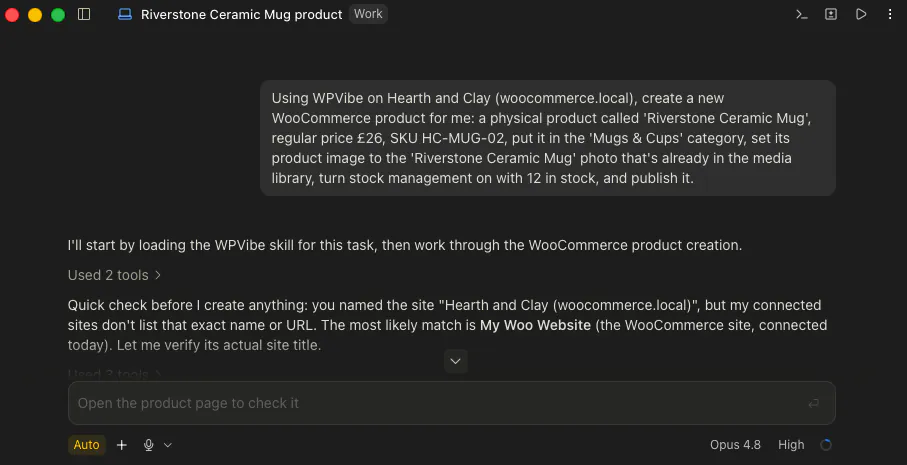 My chat message asking Claude to create a new WooCommerce product.