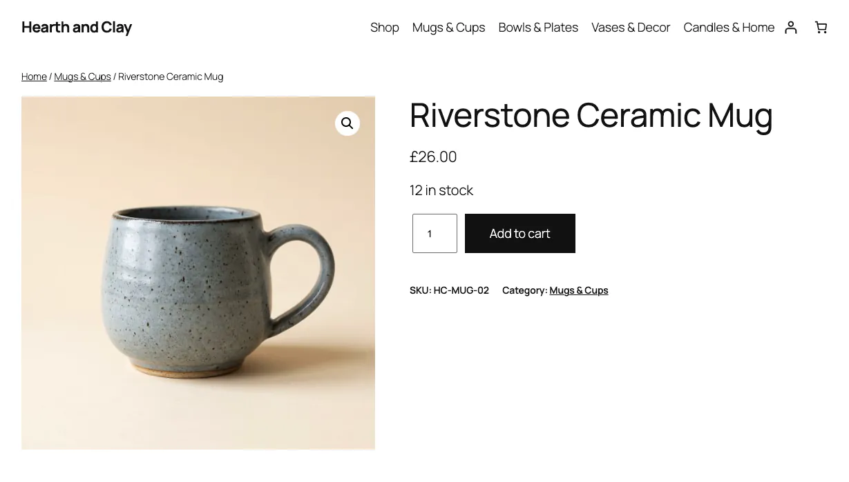 The AI-created ceramic mug live in WooCommerce with its price and stock.