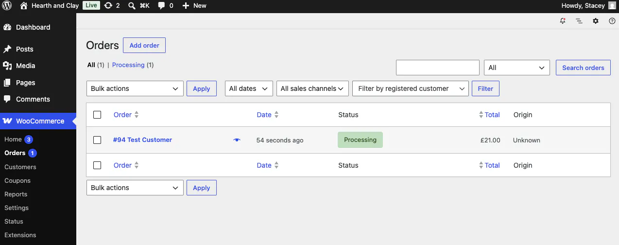 The AI-placed order live in the WooCommerce orders screen.