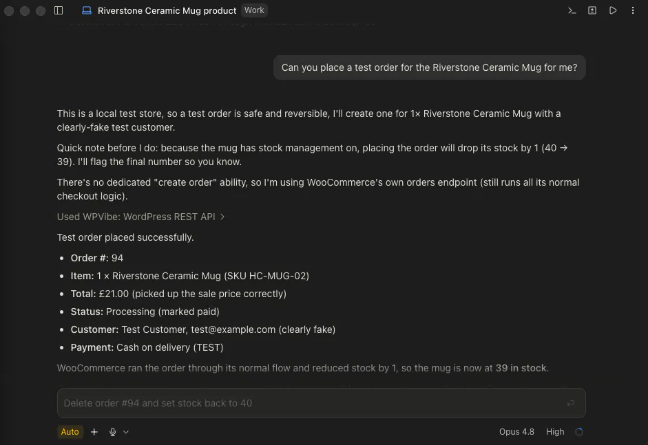 Claude placing a real order for the product from a chat message.