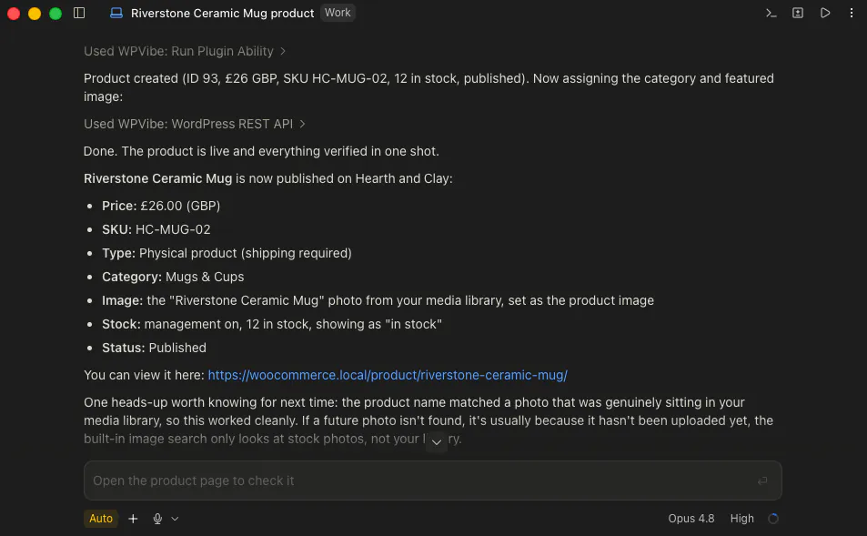 Claude confirming it created a new WooCommerce product from a chat message.