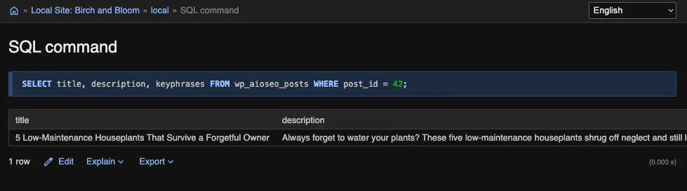 Database query result confirming the SEO title and meta description that AI saved for the WordPress post.