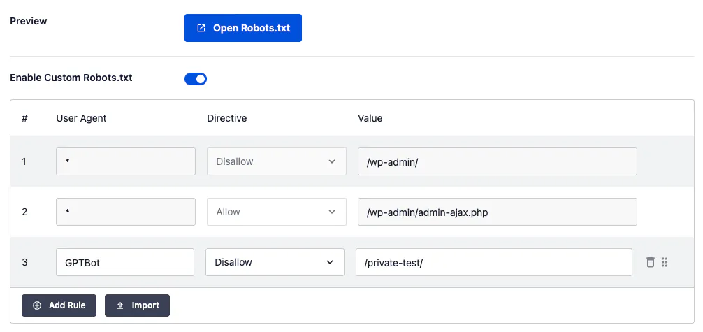 The AIOSEO robots.txt editor showing a Disallow rule for GPTBot that AI created through WPVibe.