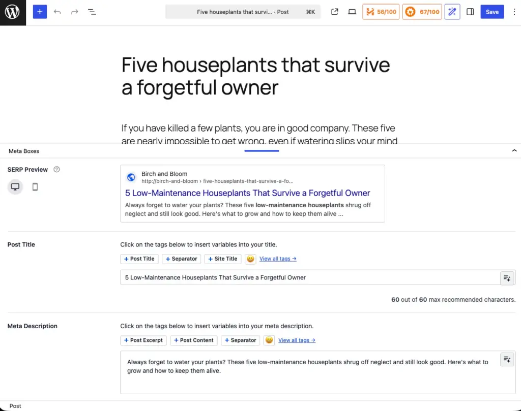 The AIOSEO settings panel in the WordPress editor showing the SEO title, meta description, and focus keyphrase that AI wrote through WPVibe.