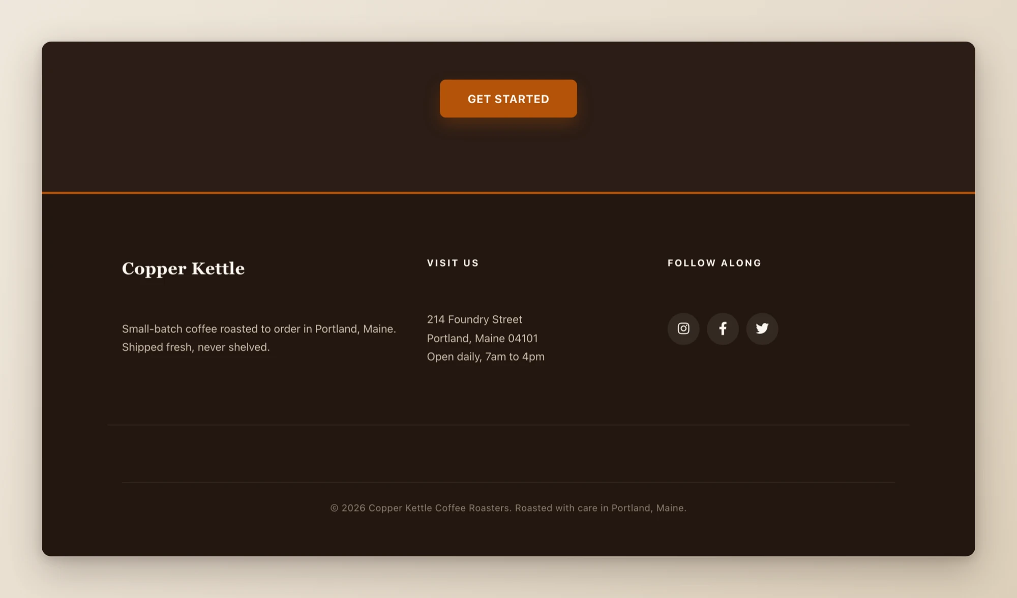 A dark site-wide footer built through Beaver Themer with business text, address, and social media follow icons