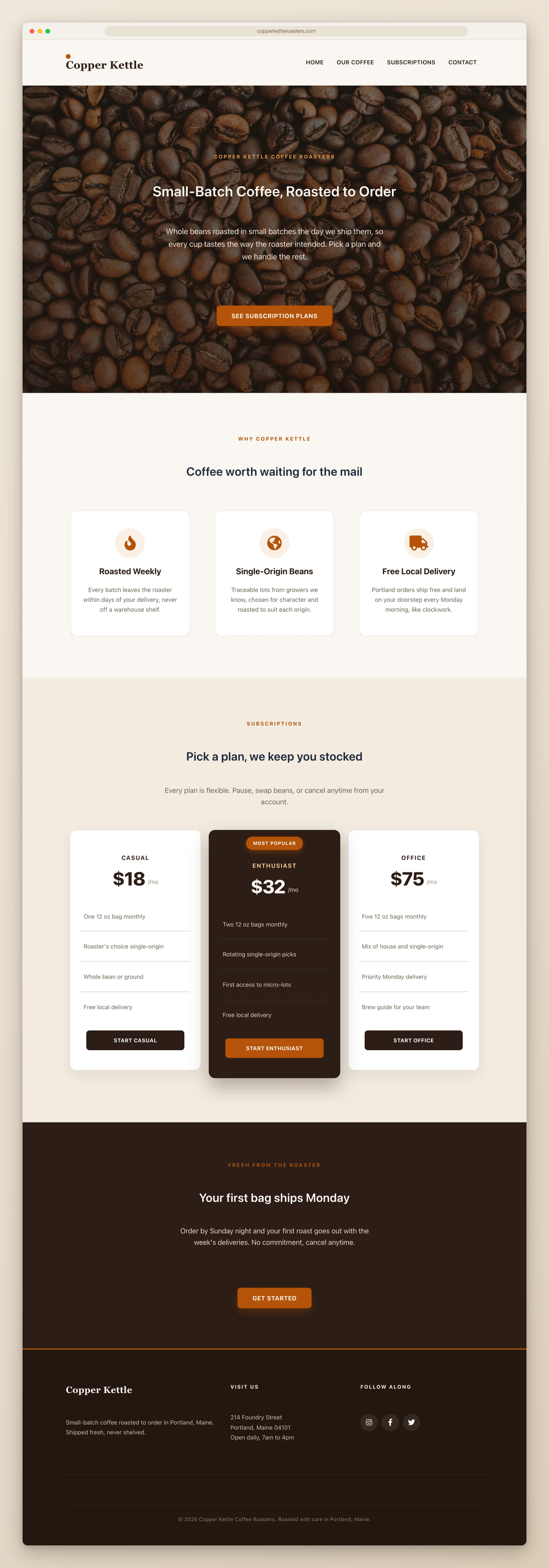 A coffee roastery landing page built by WPVibe rendering as a native Beaver Builder page: global header, photo hero, three feature cards with icons, pricing tables with a highlighted plan