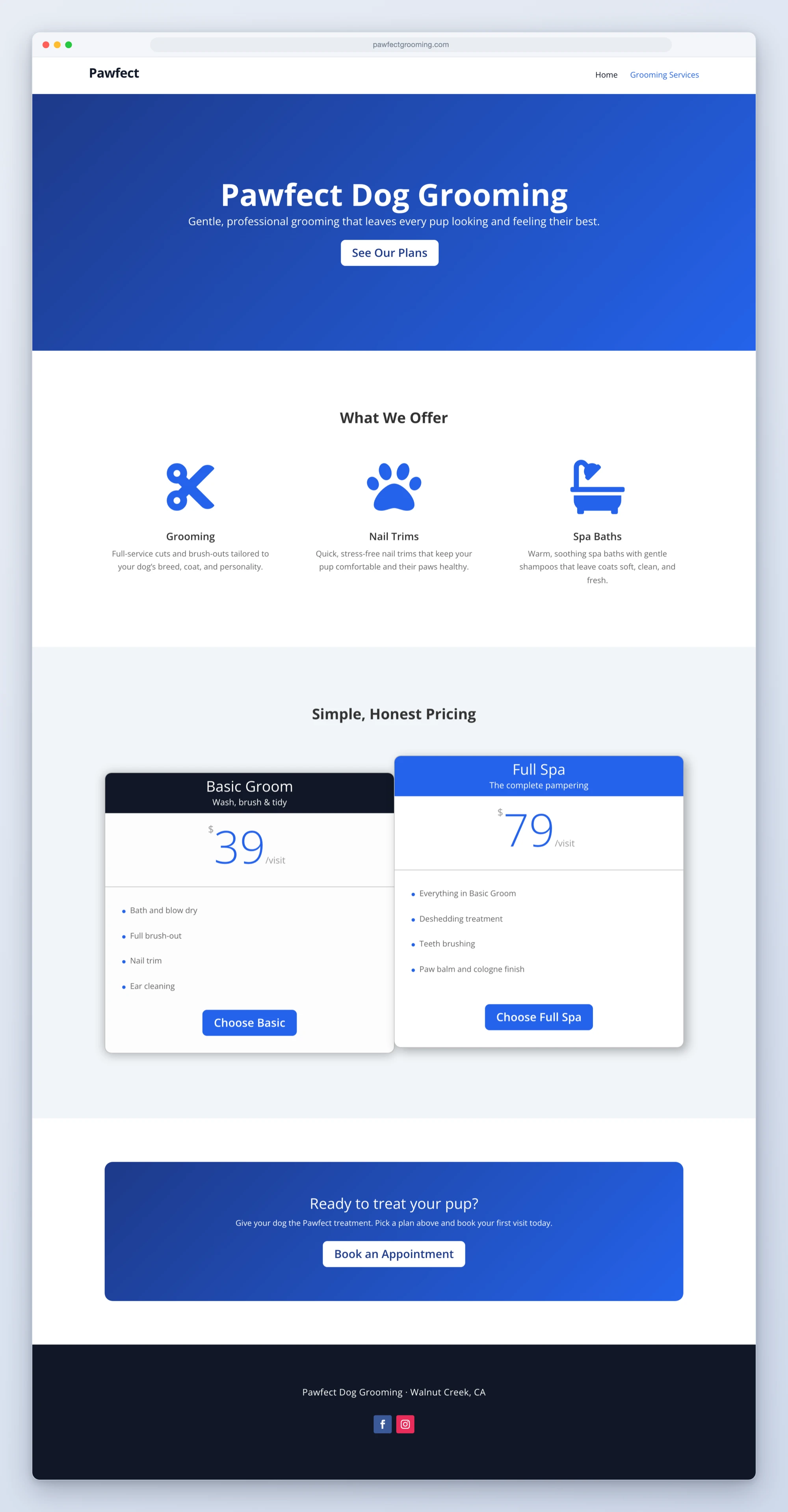 A dog grooming landing page built by WPVibe rendering as a native Divi page: global header, gradient hero, three feature blurbs with icons, pricing tables