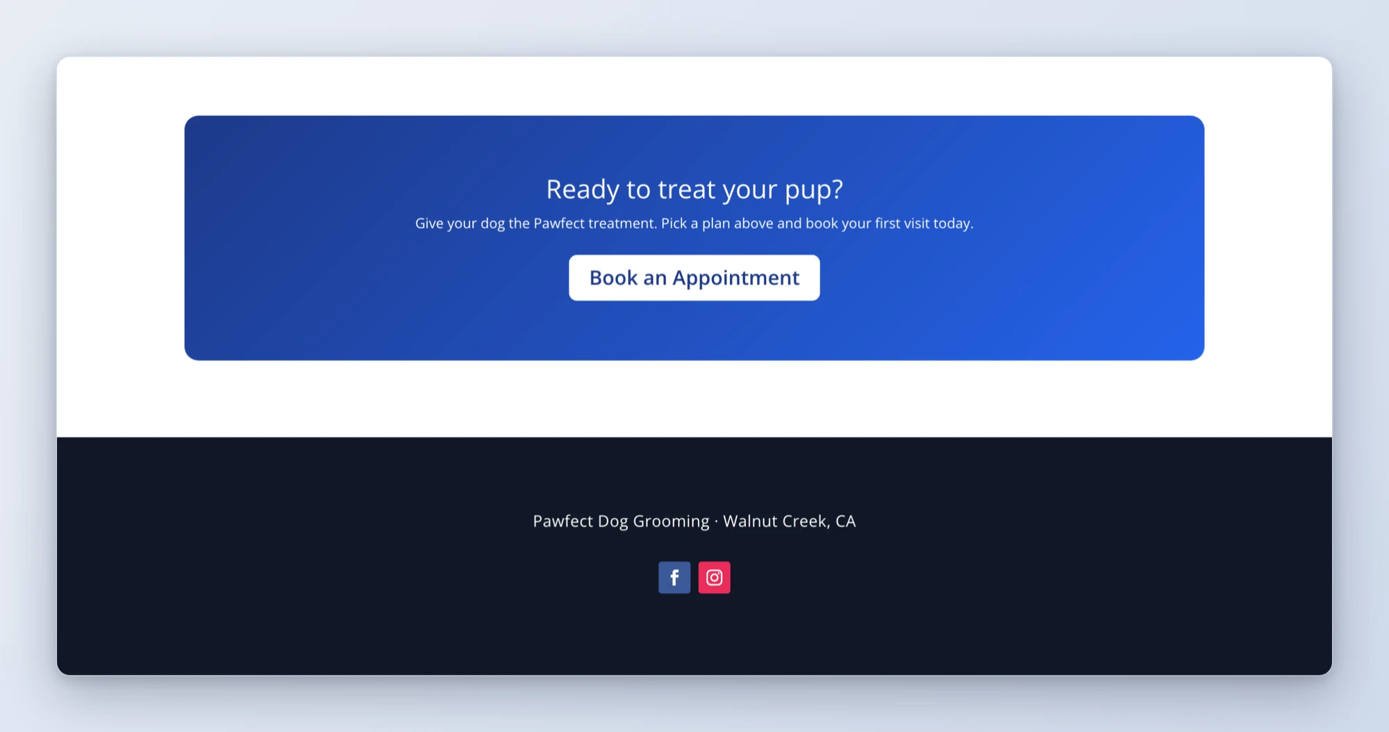 A dark site-wide footer built through Divi Theme Builder with business text and social media follow icons