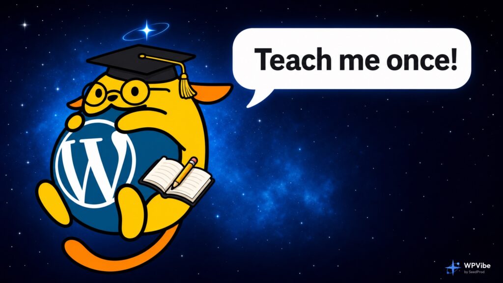 Wapuu mascot wearing a graduation cap and glasses, holding a notebook, saying Teach me once