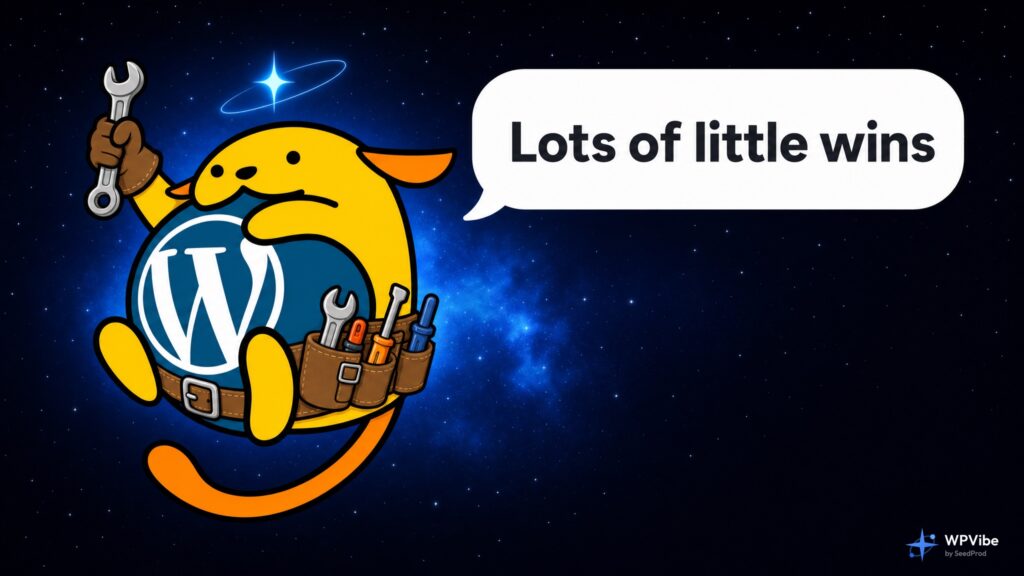 Wapuu wearing a tool belt and raising a wrench, with a speech bubble reading Lots of little wins