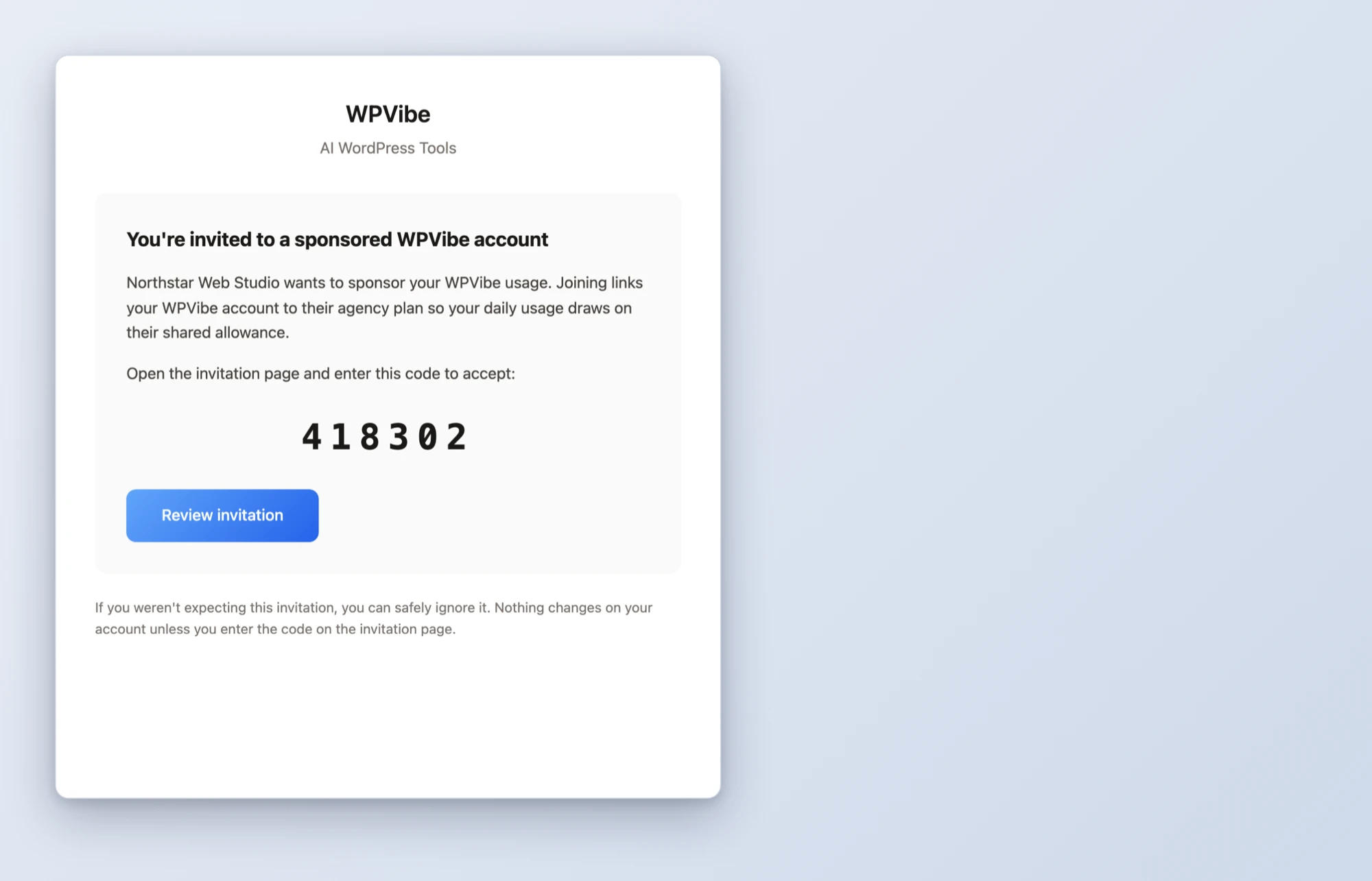 The WPVibe agency invitation email with a 6-digit consent code