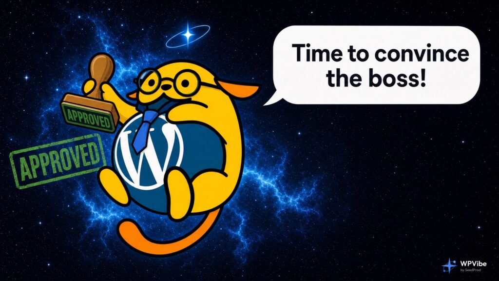Wapuu holding an APPROVED rubber stamp saying Time to convince the boss