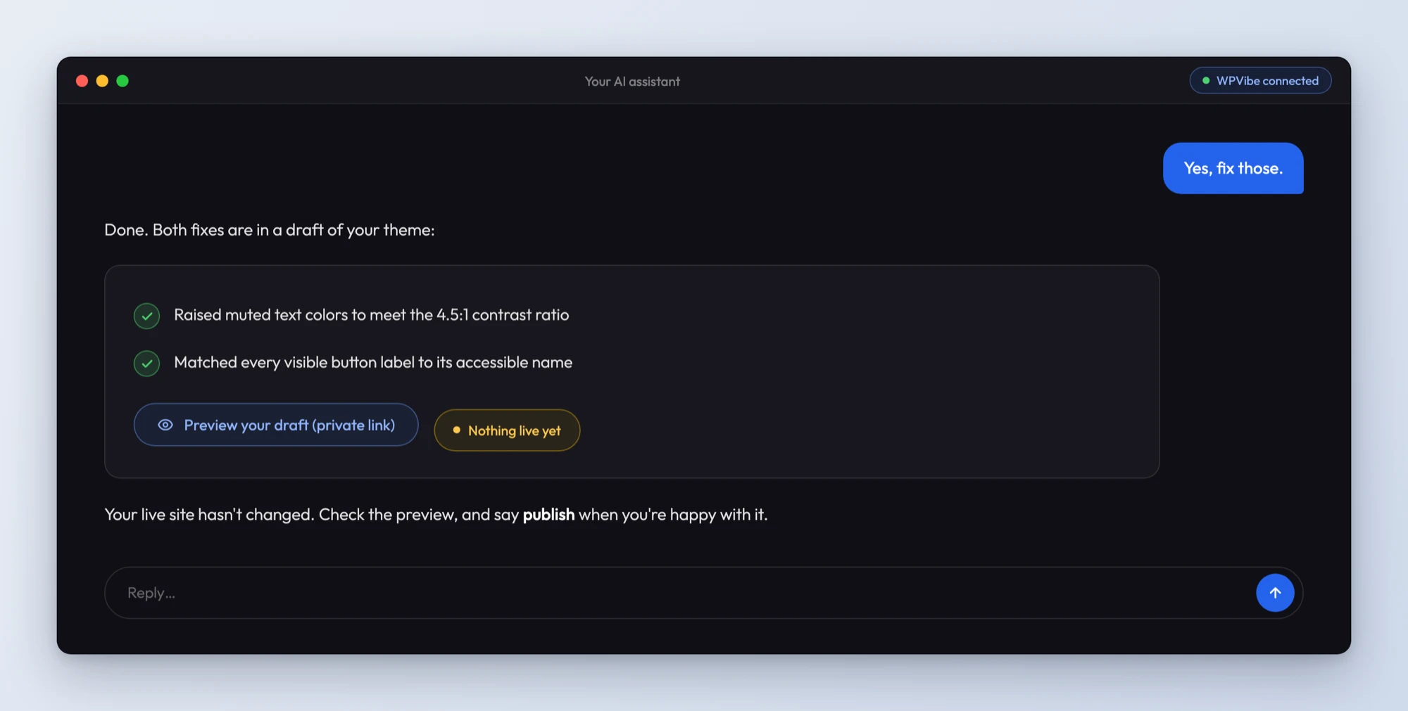 AI chat showing accessibility fixes saved to a theme draft with a private preview link and nothing live yet