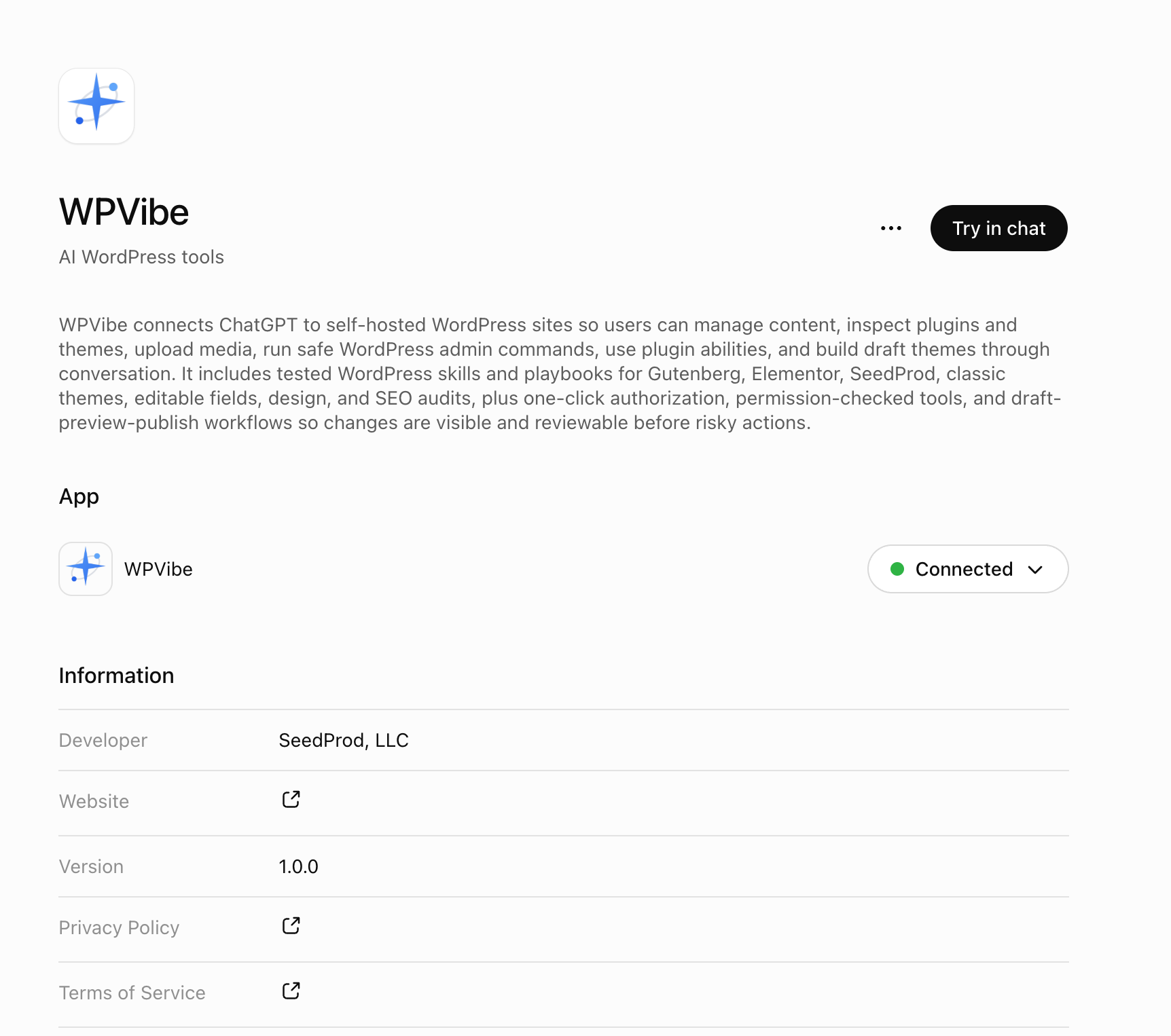 WPVibe app page in the ChatGPT app directory showing the Try in chat button and Connected status