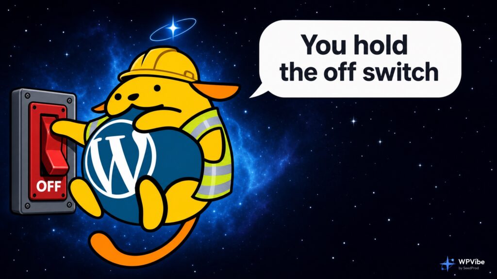 Wapuu in a hard hat and safety vest resting a paw on a big red OFF switch, with a speech bubble reading You hold the off switch