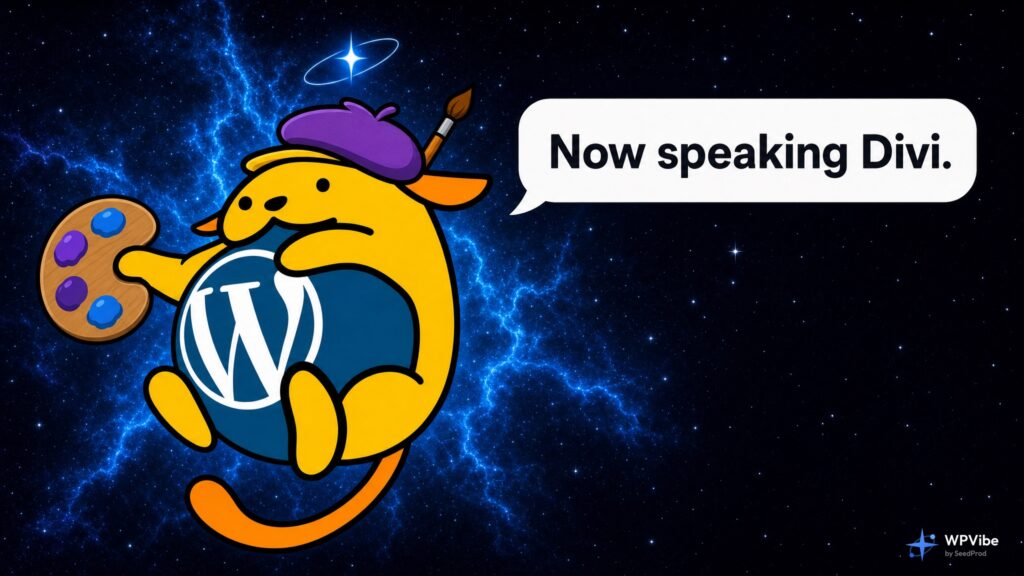 Wapuu wearing a purple artist beret holding a painter palette, with a speech bubble reading Now speaking Divi