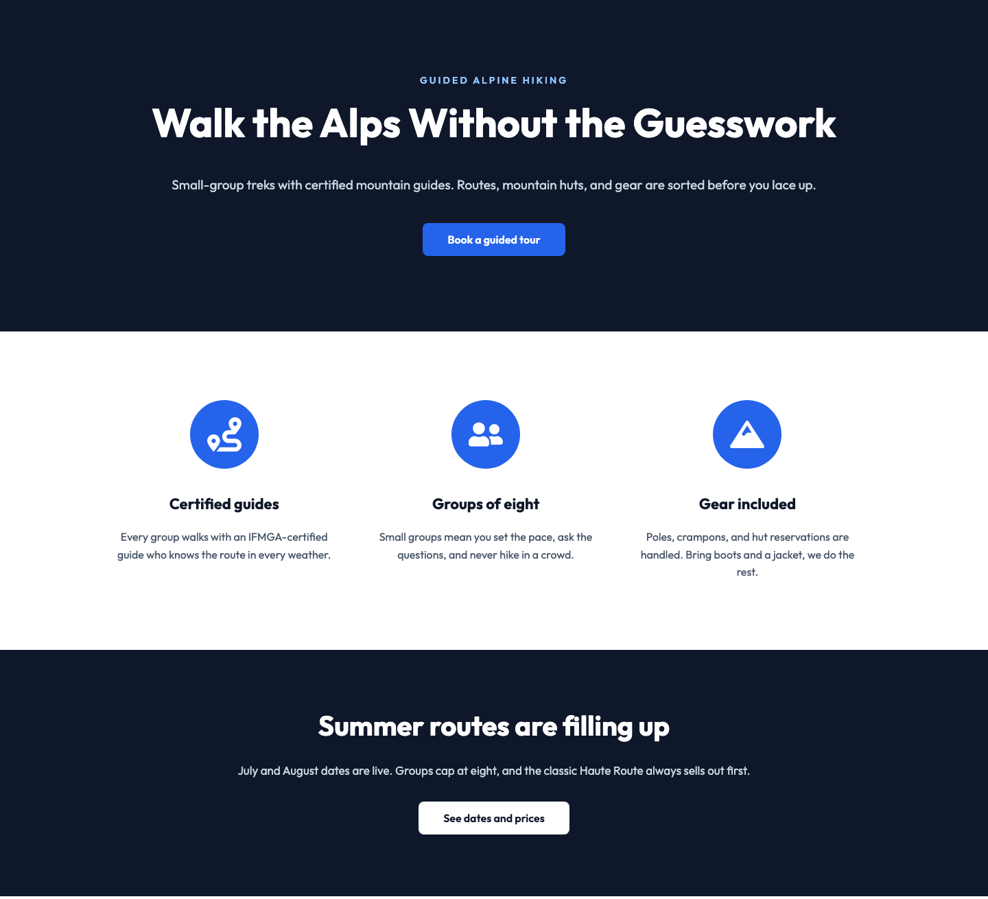 A landing page built by WPVibe rendering as a native Elementor page: dark hero, three feature cards, and a call to action