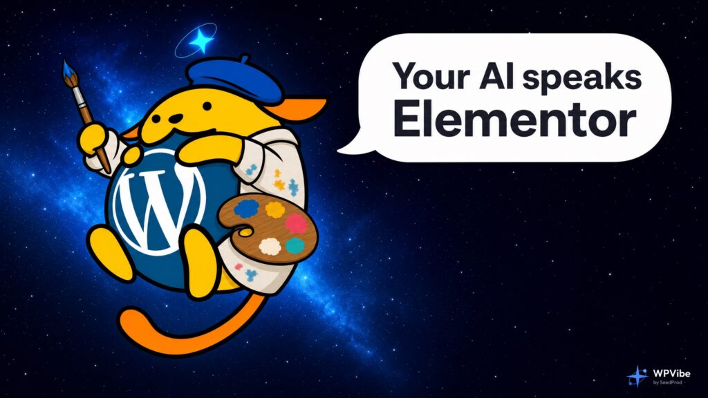 Wapuu in a painter beret holding a palette and brush, with a speech bubble reading Your AI speaks Elementor