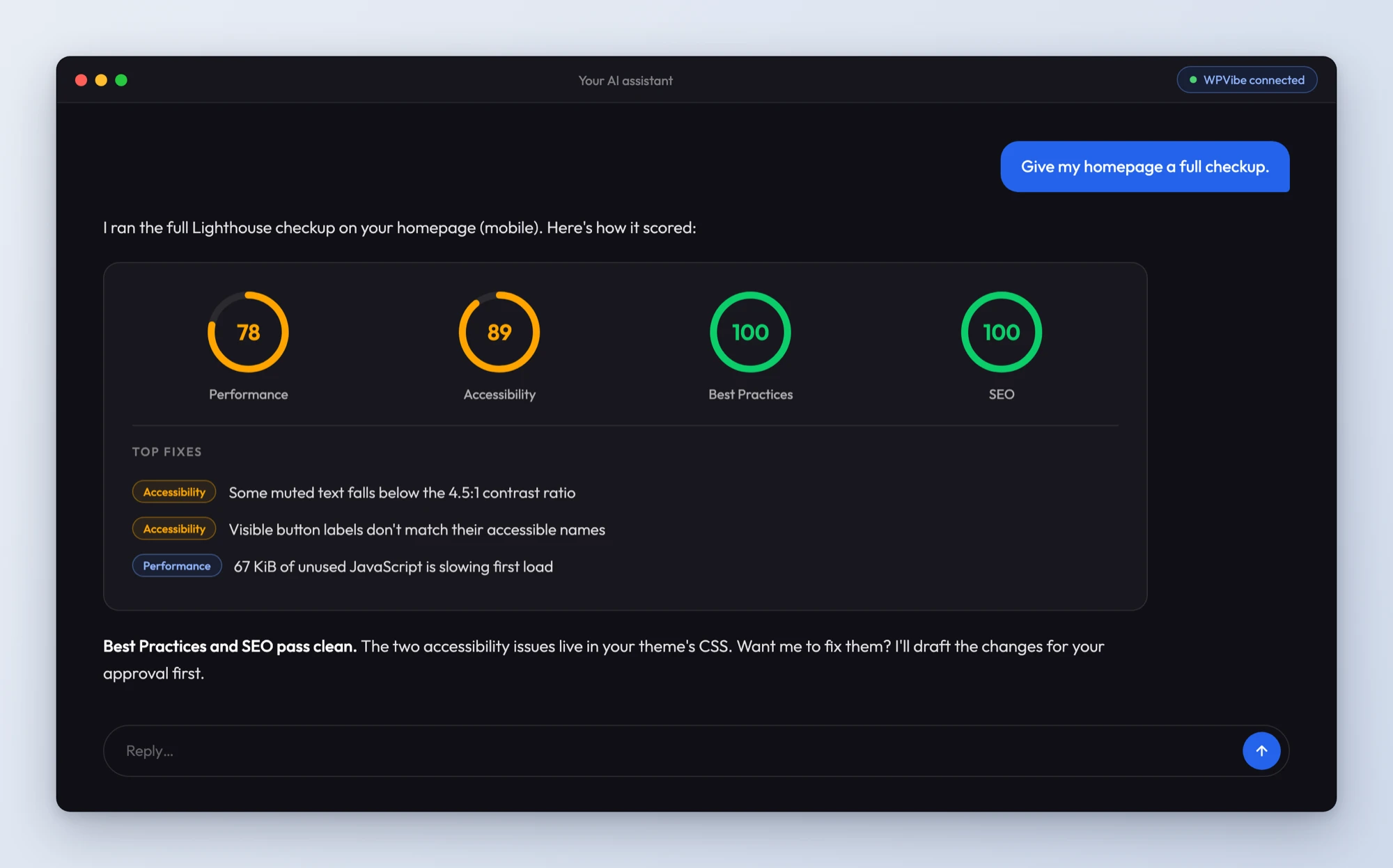 AI chat showing a four-category Lighthouse checkup with scores for performance, accessibility, best practices, and SEO
