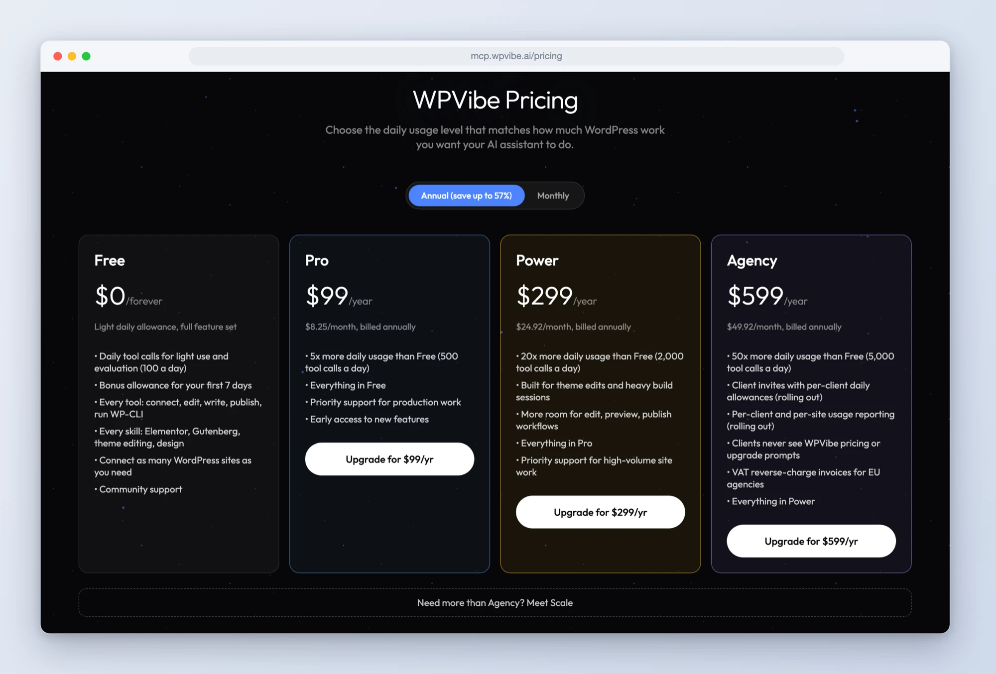 The WPVibe pricing page showing Free, Pro, Power, and Agency plans side by side