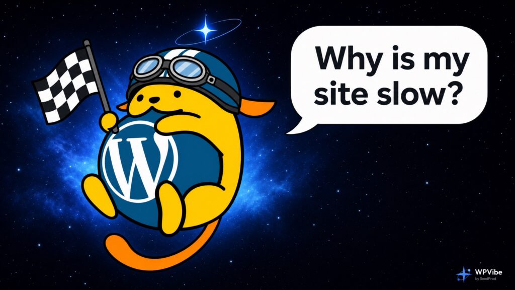 Wapuu in a racing helmet holding a checkered flag, with a speech bubble reading Why is my site slow?