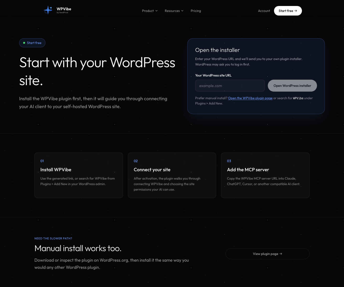 The WPVibe start page with the one-click WordPress plugin installer