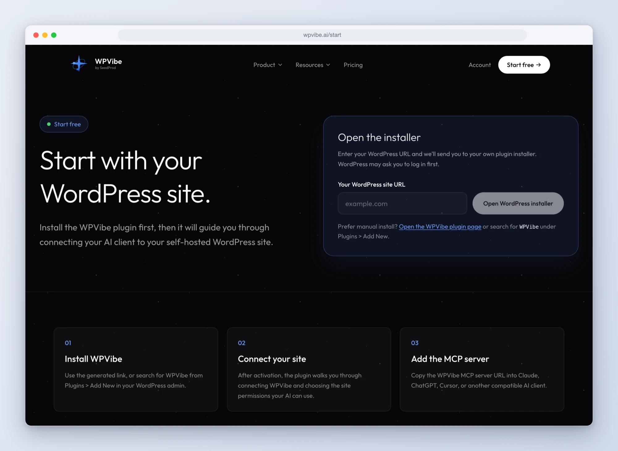 The wpvibe.ai start page with the one-field WordPress connect flow