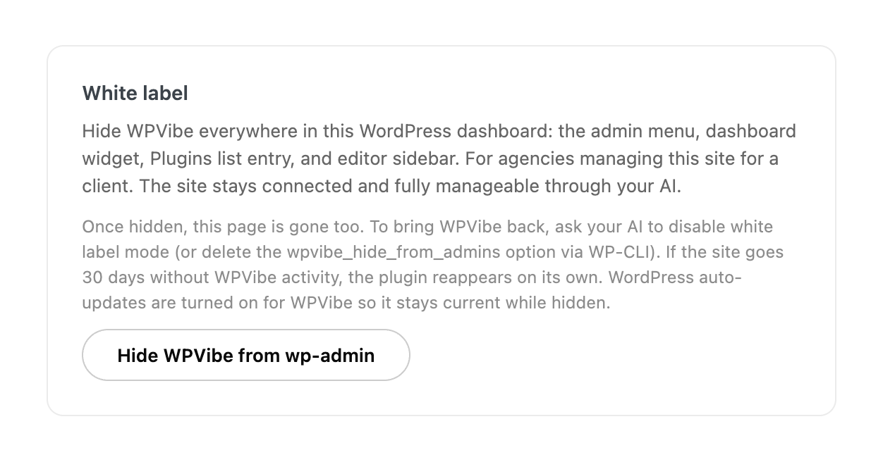 The White label card on the WPVibe admin page with the Hide WPVibe from wp-admin button