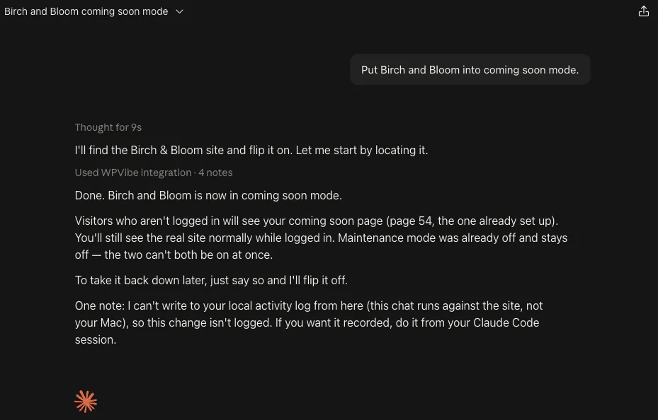 AI assistant putting a WordPress site into coming-soon mode from a single chat message