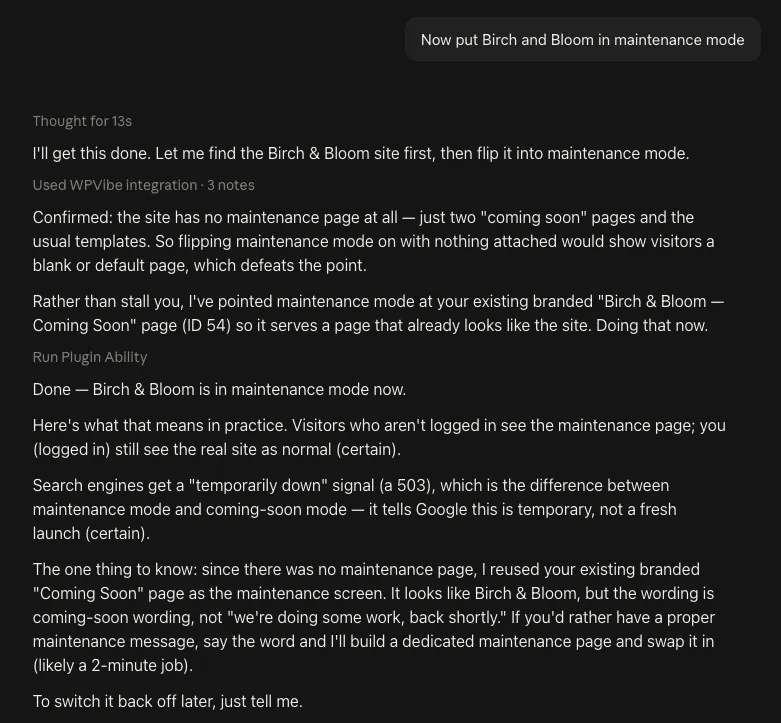 AI explaining that no maintenance page exists and borrowing the coming-soon page as a workaround