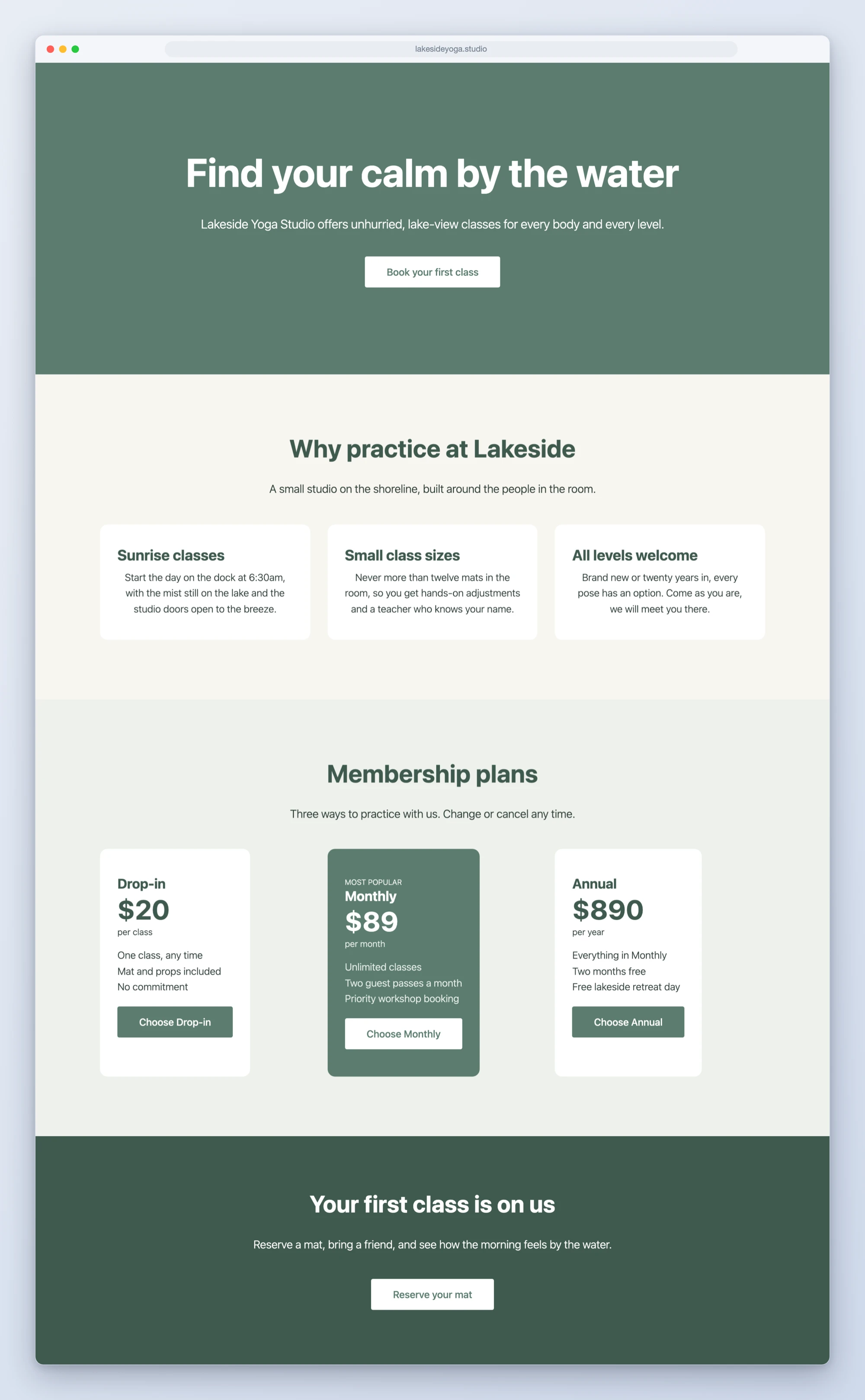A yoga studio landing page built by WPVibe on Breakdance