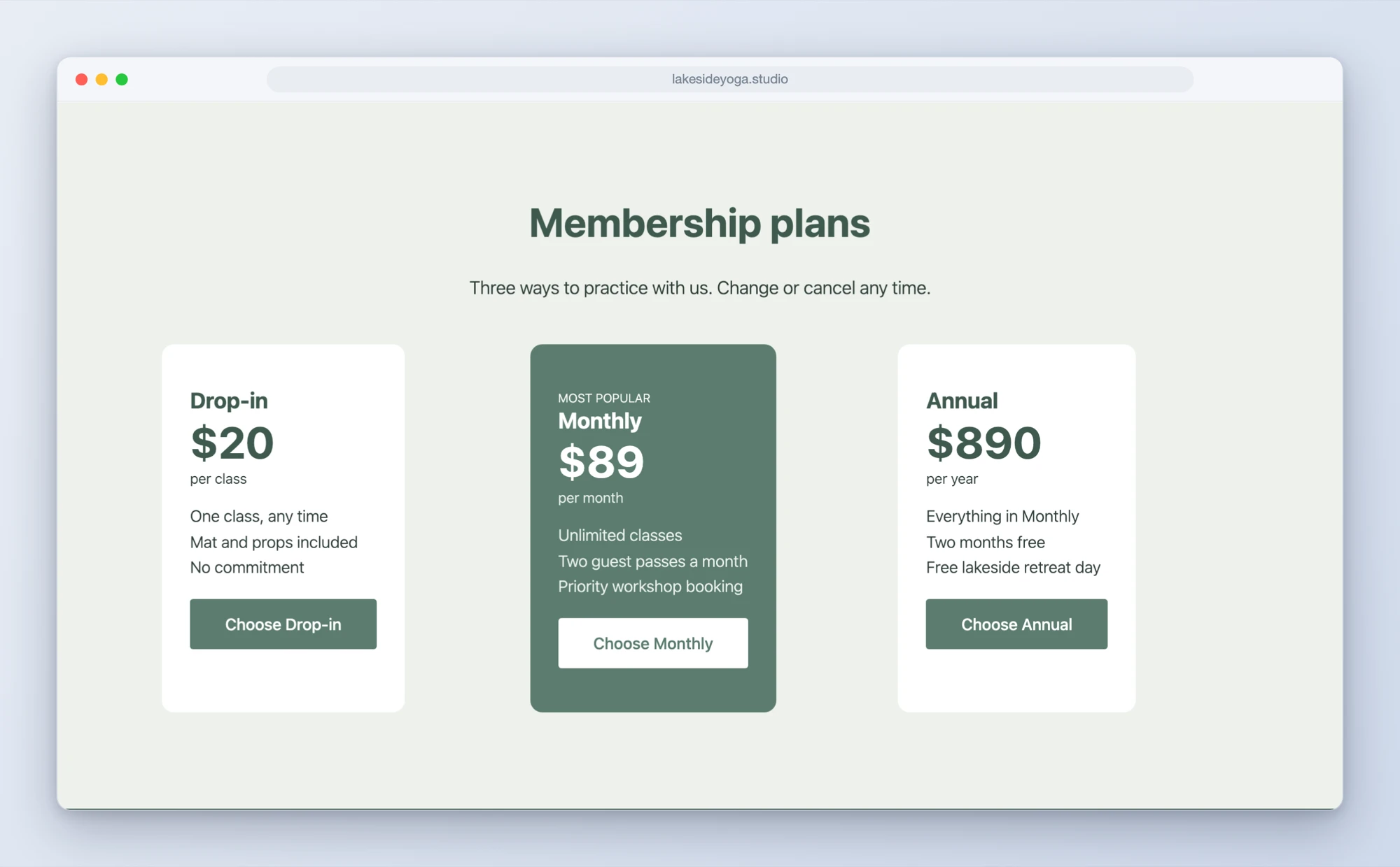 Three Breakdance pricing plan cards with the Monthly plan highlighted