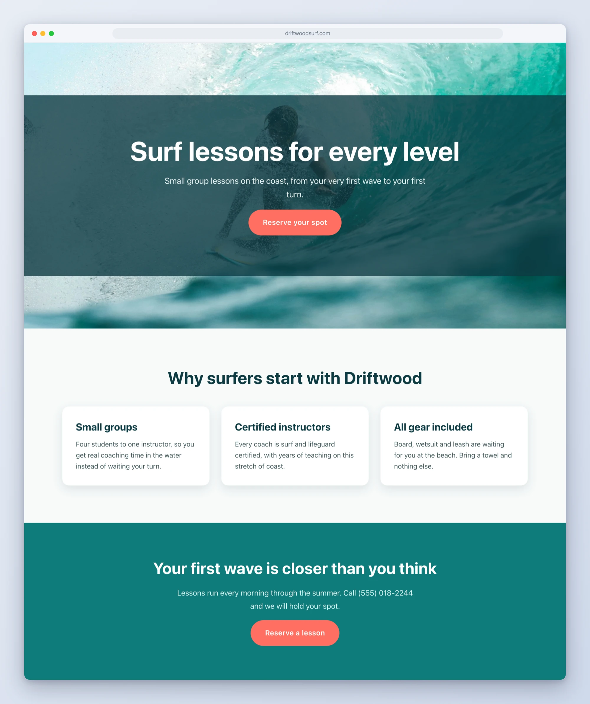A surf school landing page built by WPVibe as a native Bricks layout: photo hero with overlay, three feature cards, and a call to action section