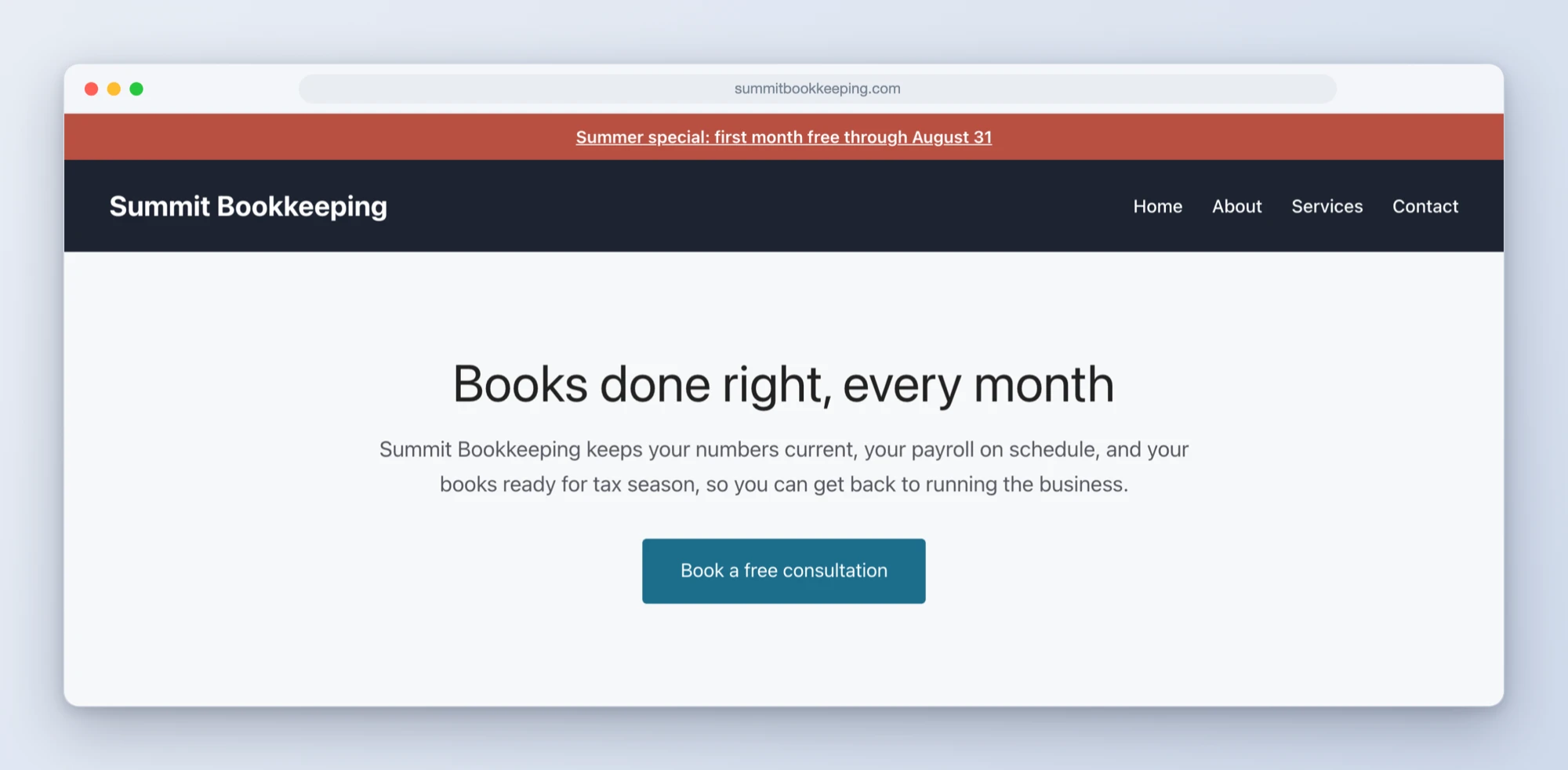 An announcement bar, custom dark site header with navigation, and hero built with GP Elements and GenerateBlocks on a GeneratePress site