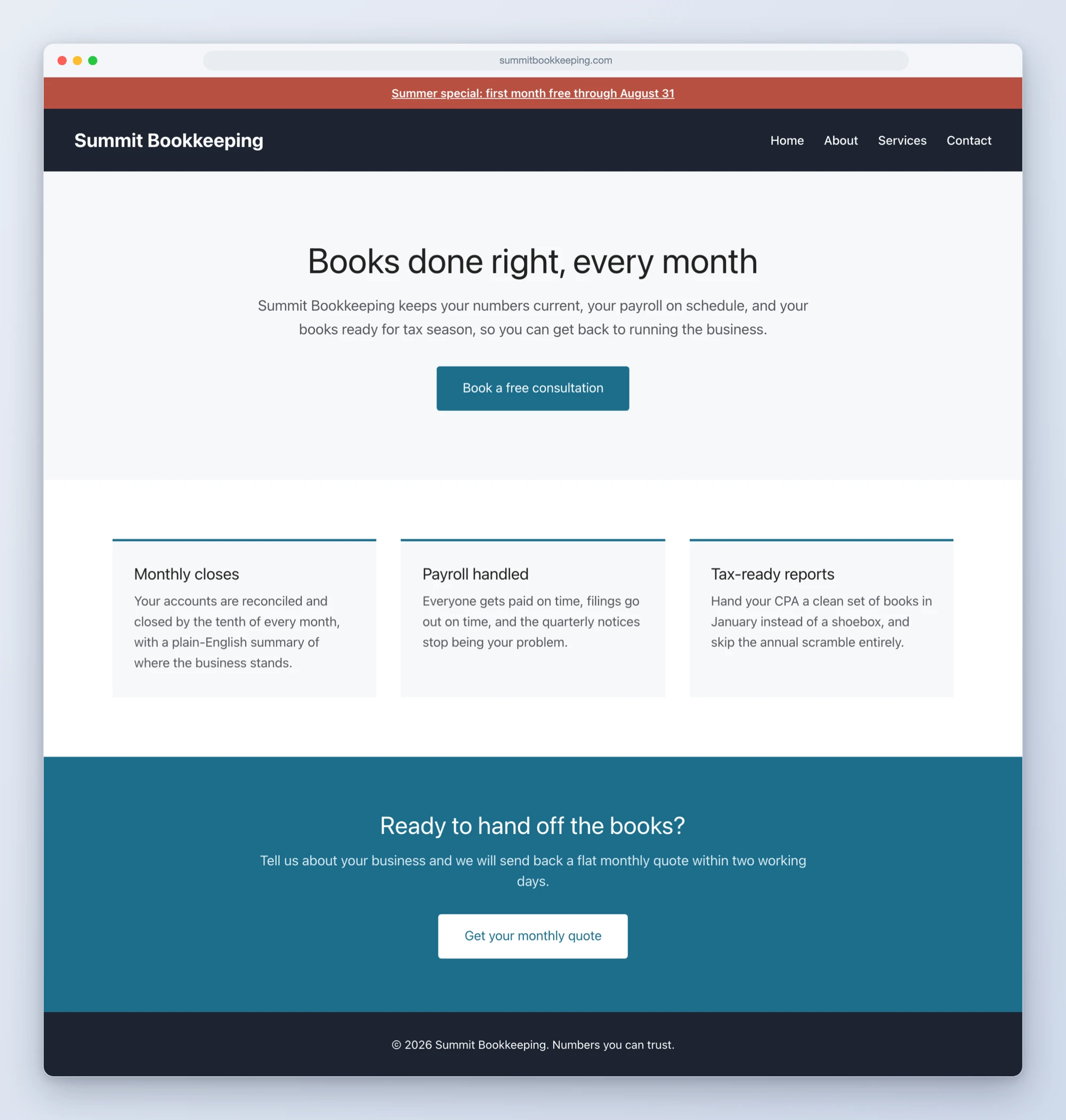 A full-width GeneratePress landing page with announcement bar, custom header, hero, three feature cards, call to action band, and custom footer