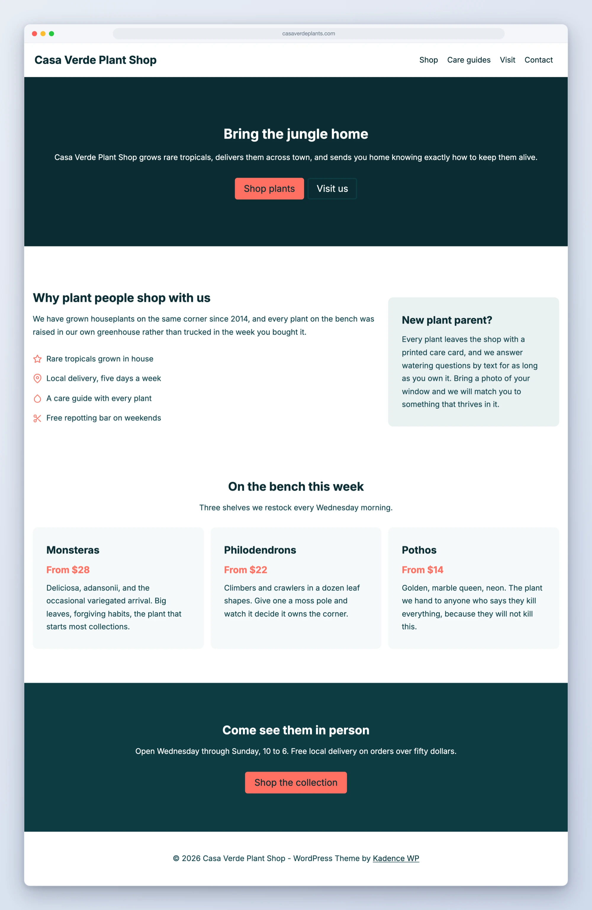A plant shop landing page built with Kadence Blocks in the site